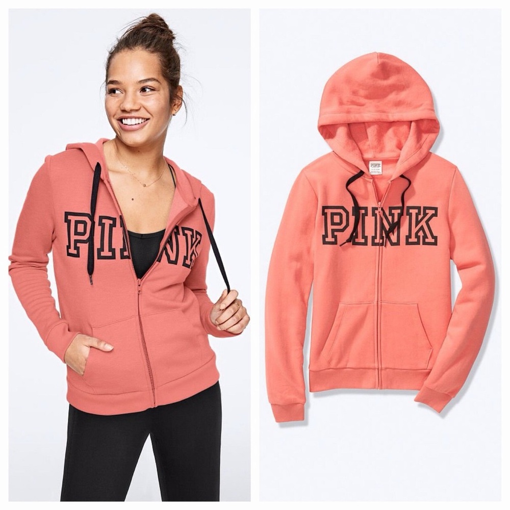 PINK Victoria's Secret Orange Zip Up Hoodie Sweatshirt Jacket Size Small